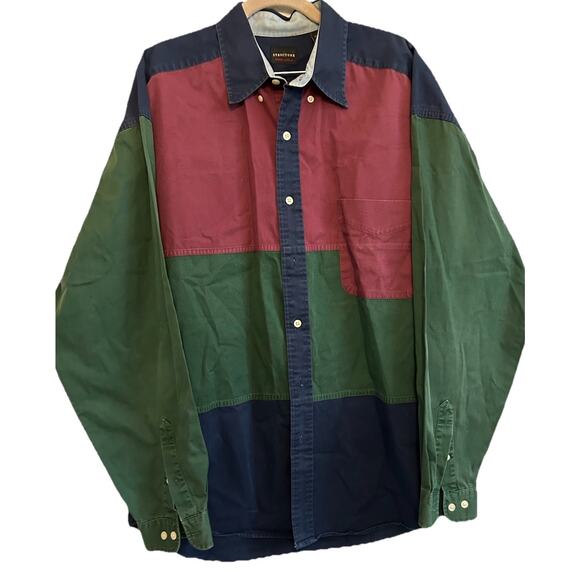 VTG Structure Button Down Shirt Mens L Colorblock 100% Cotton Retro 90s Hip Hop - Picture 1 of 10
